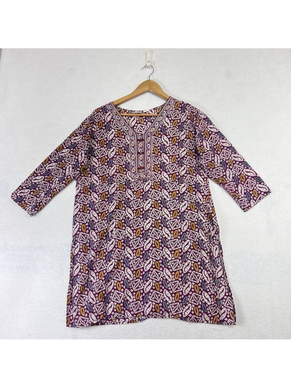 Tunic Kurta Kaftan Womens XXL Red Ikat Pattern Slits Long Hippie India Cotton